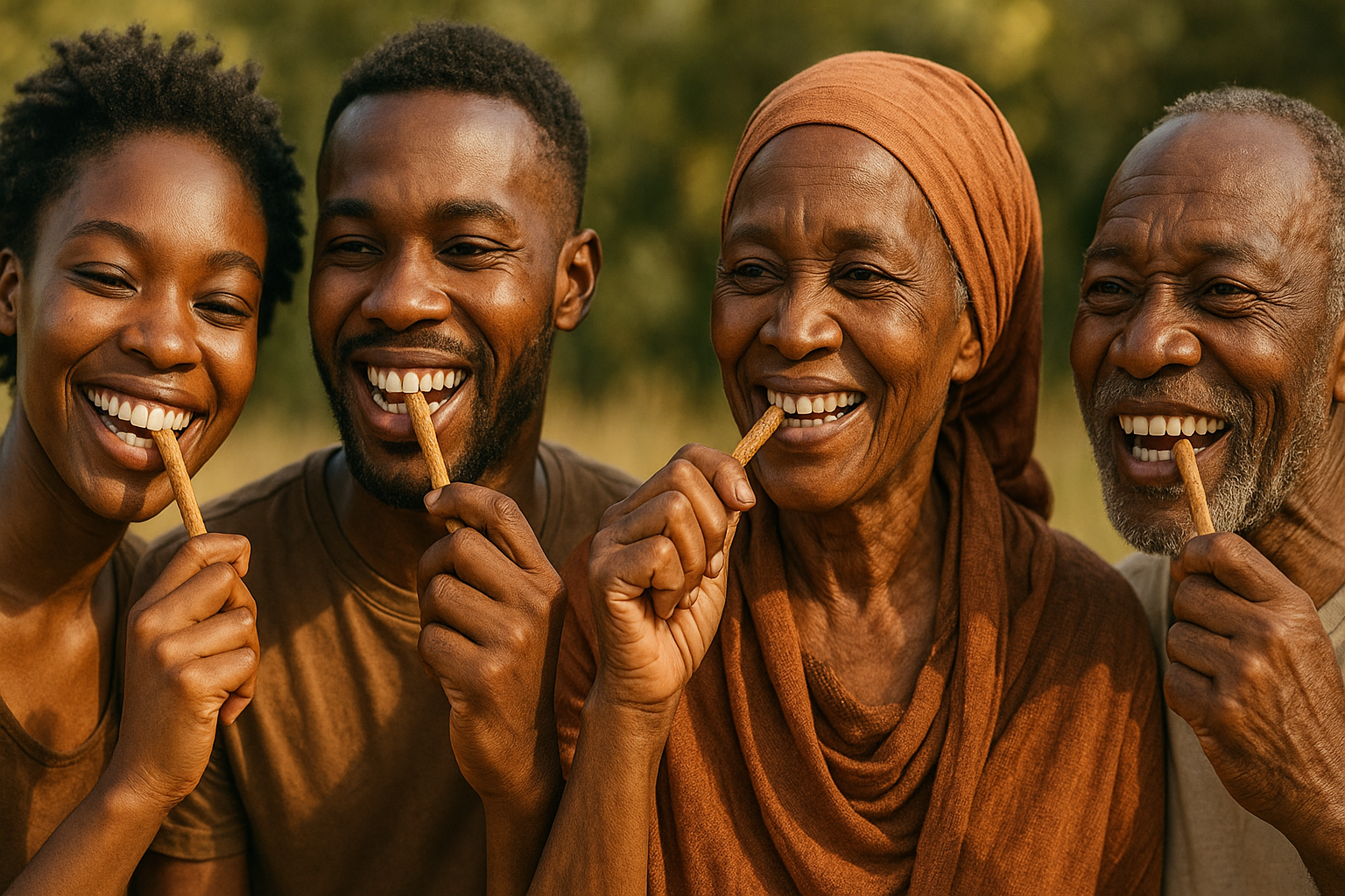 Four people, including an elderly woman, are holding toothpicks and smiling outdoors.